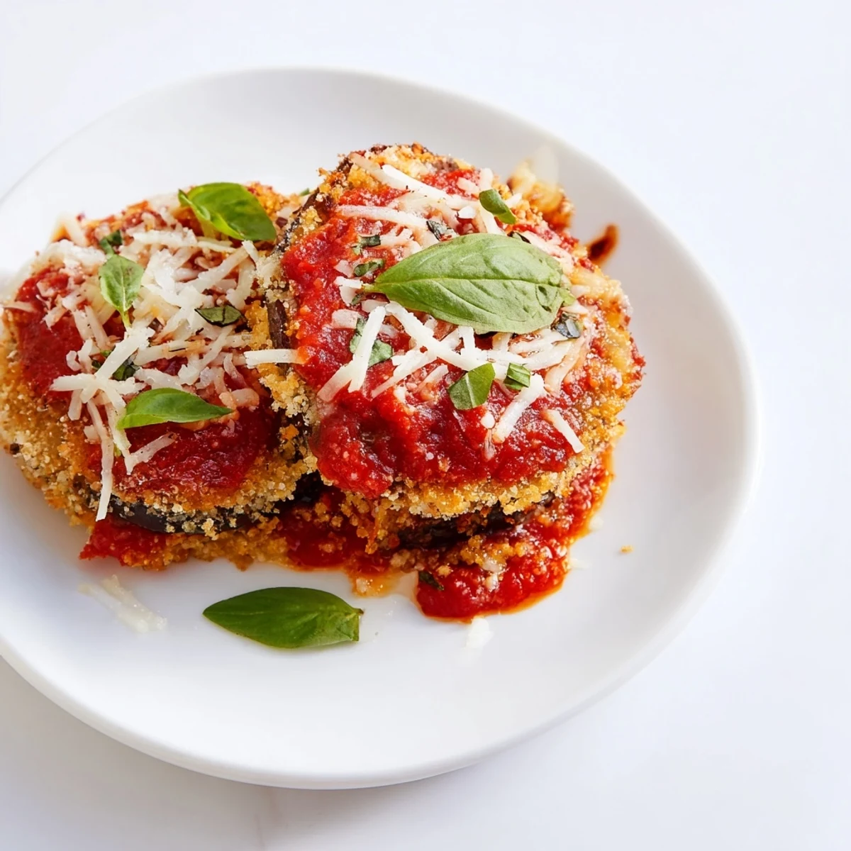 Golden, bubbling layers of Baked Eggplant Parmesan with marinara and mozzarella in a baking dish.