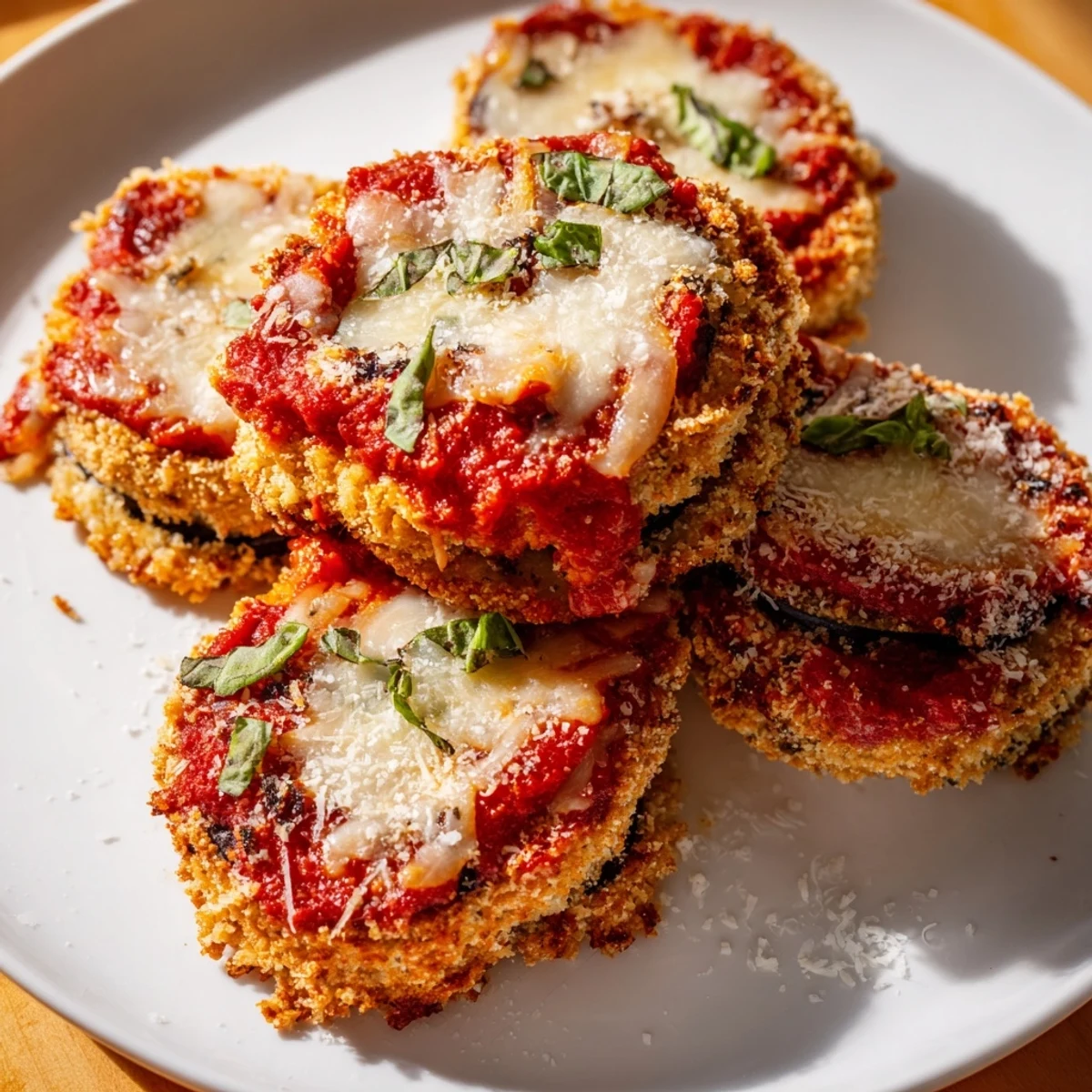Cheesy, golden Baked Eggplant Parmesan with marinara served with fresh basil and pasta.