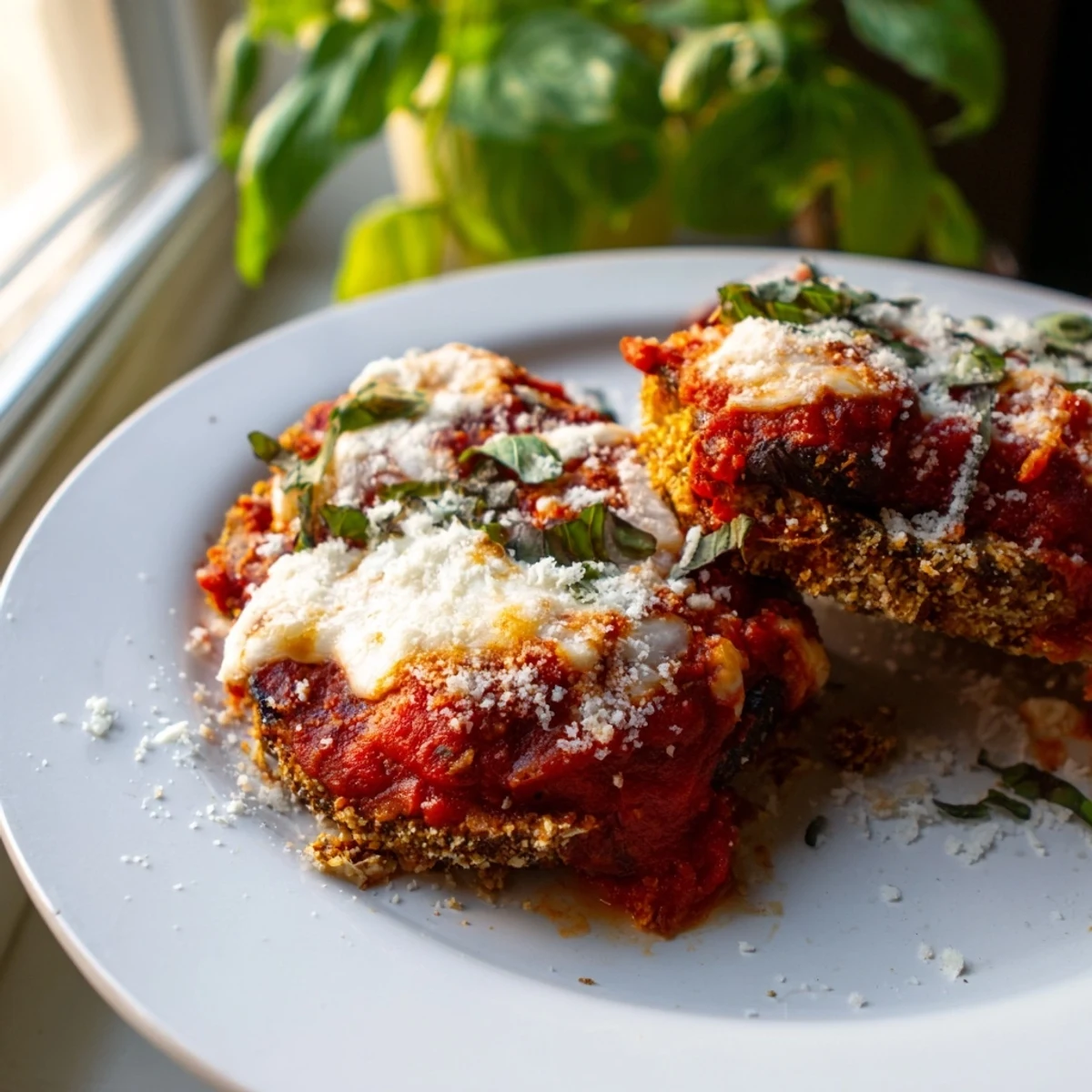 Freshly baked Baked Eggplant Parmesan with marinara and mozzarella, garnished with basil on a plate.
