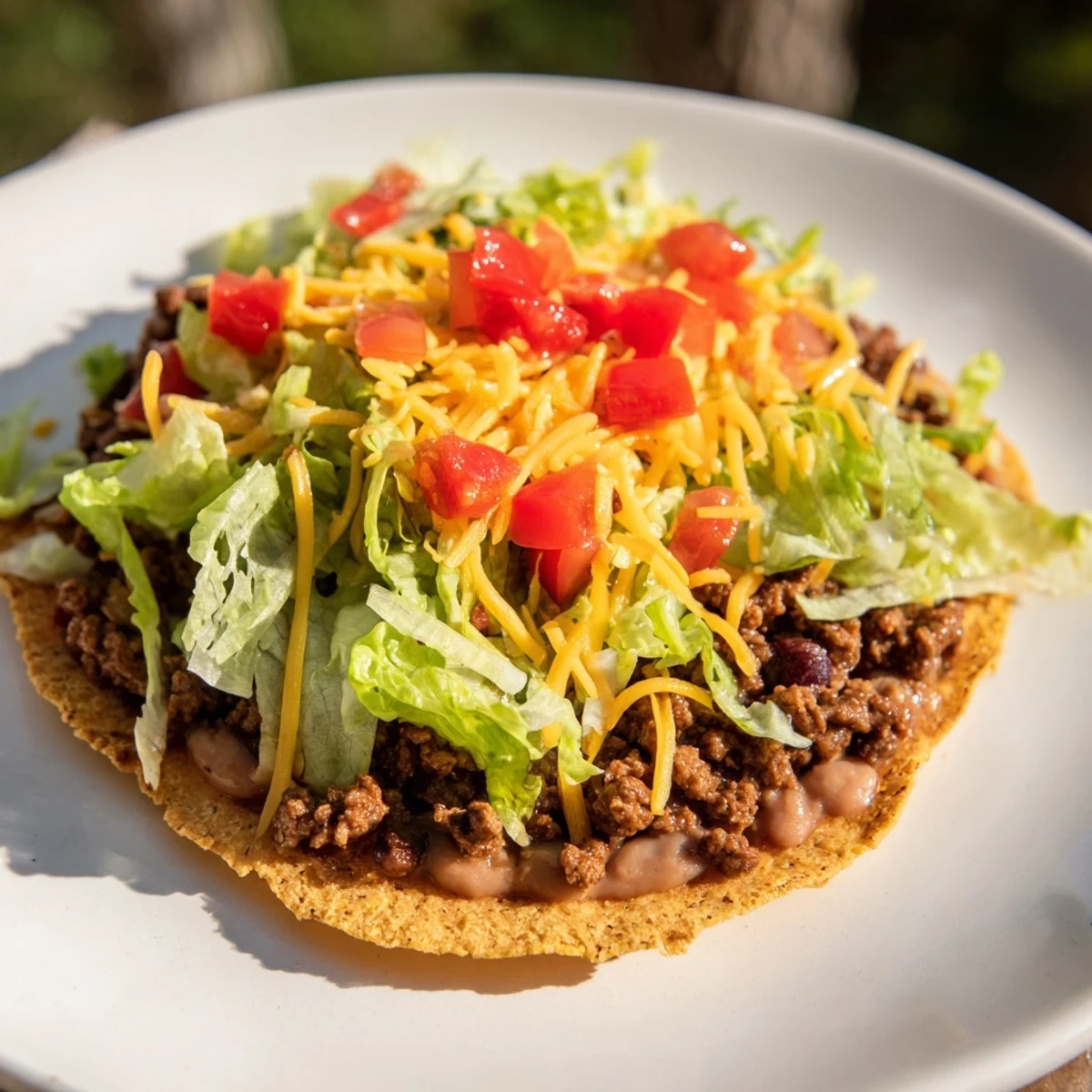 Melted cheddar and fresh lettuce top these crispy Beef Tostadas, served with lime wedges for zesty flavor.