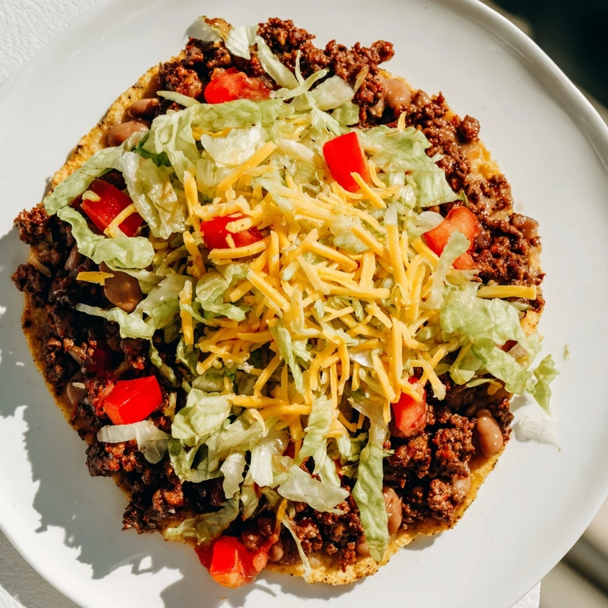 Golden-brown corn tostadas layered with creamy refried beans and savory seasoned beef for Beef Tostadas.