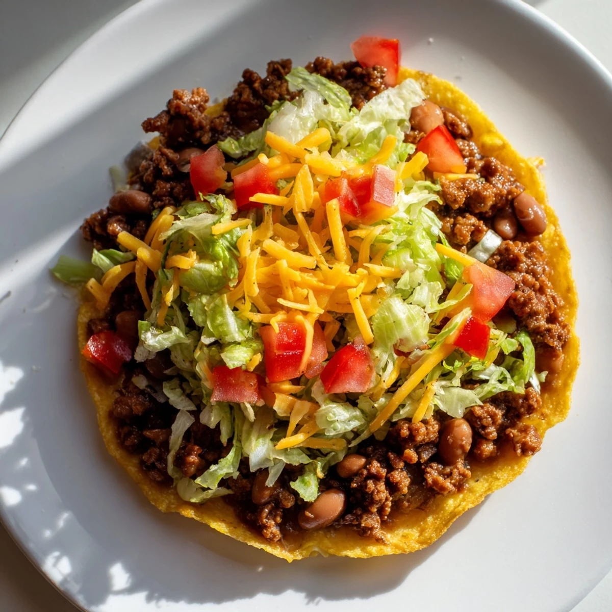 Hearty homemade Beef Tostadas loaded with seasoned ground beef, beans, and colorful toppings for a quick dinner.