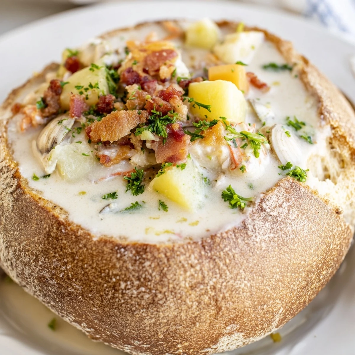 Steaming hot Creamy Clam Chowder in a hollowed sourdough bread bowl, garnished with crispy bacon bits and fresh parsley.
