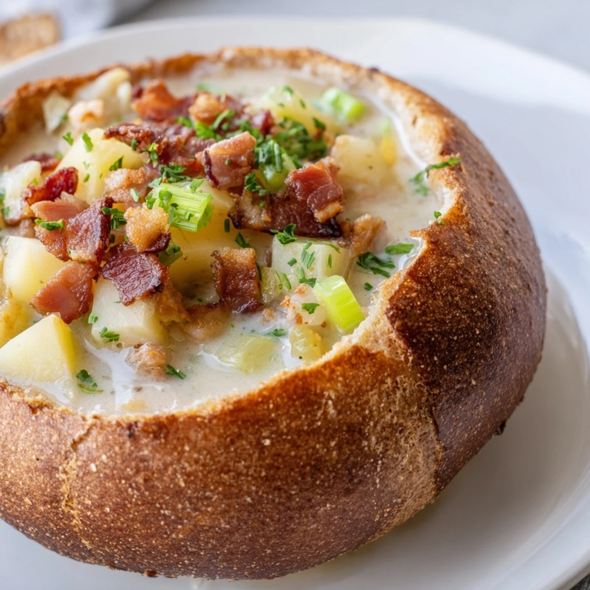 Spoon dipping into savory Creamy Clam Chowder, with creamy broth and bacon inside a toasted bread bowl on a rustic table.
