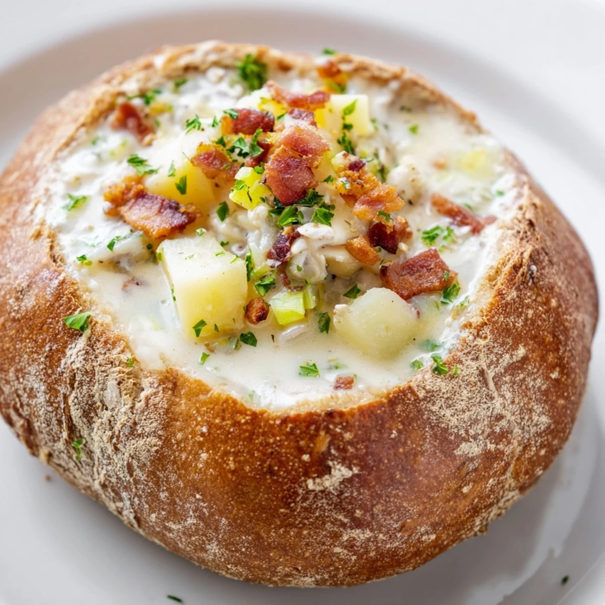 Rich Creamy Clam Chowder with tender clams and diced potatoes served warm inside a crusty sourdough bread loaf.
