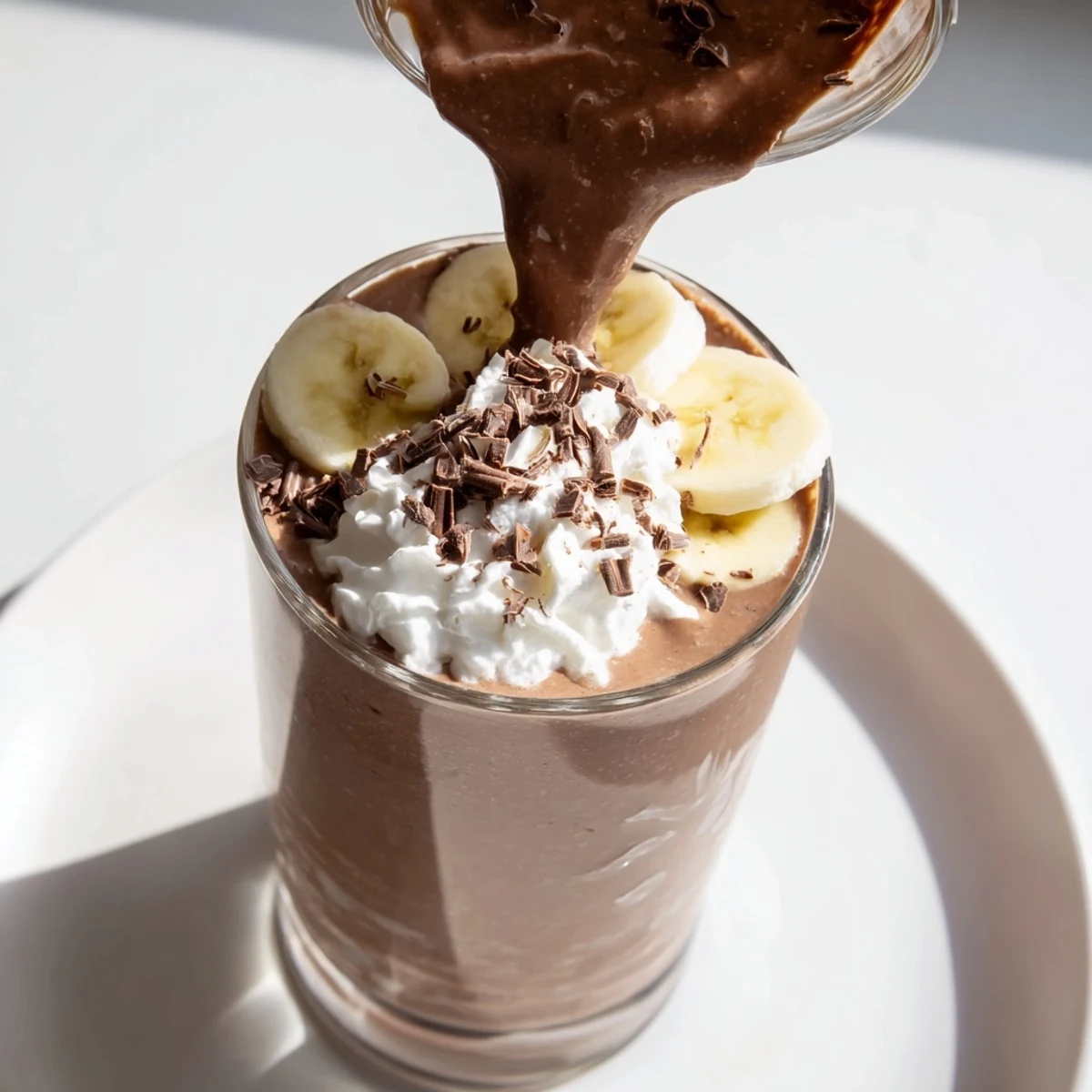 Two tall glasses of Chocolate Peanut Butter Smoothie with Frozen Banana sit beside fresh banana slices and a jar of peanut butter. 