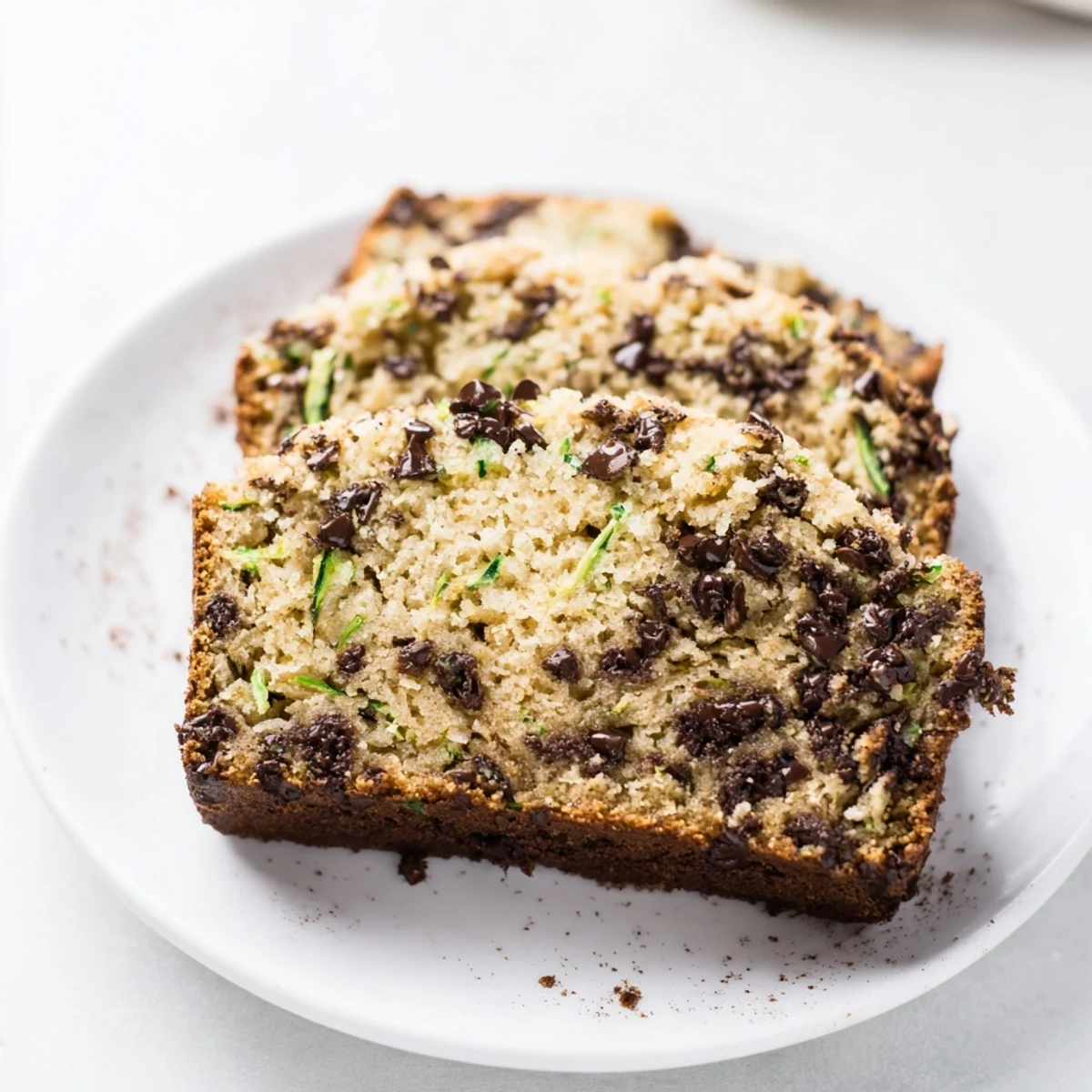 Warm slice of Chocolate Chip Zucchini Bread with walnuts, served on a rustic plate perfect for breakfast or snack time.