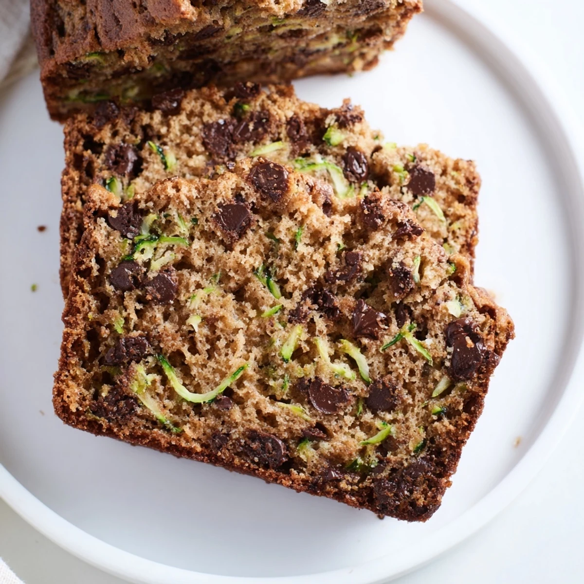 Golden-brown Chocolate Chip Zucchini Bread loaf, cut to show flecks of zucchini and rich chocolate chips, ideal for gifting.