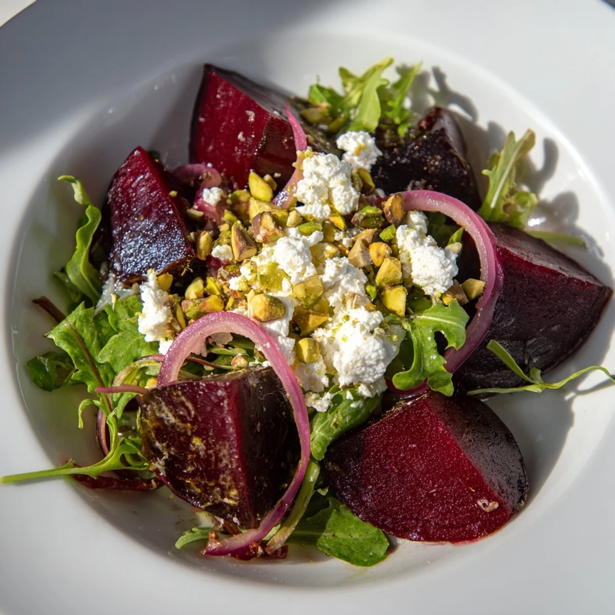 Roasted beet salad with creamy goat cheese and chopped pistachios arranged on mixed greens, drizzled with balsamic dressing.