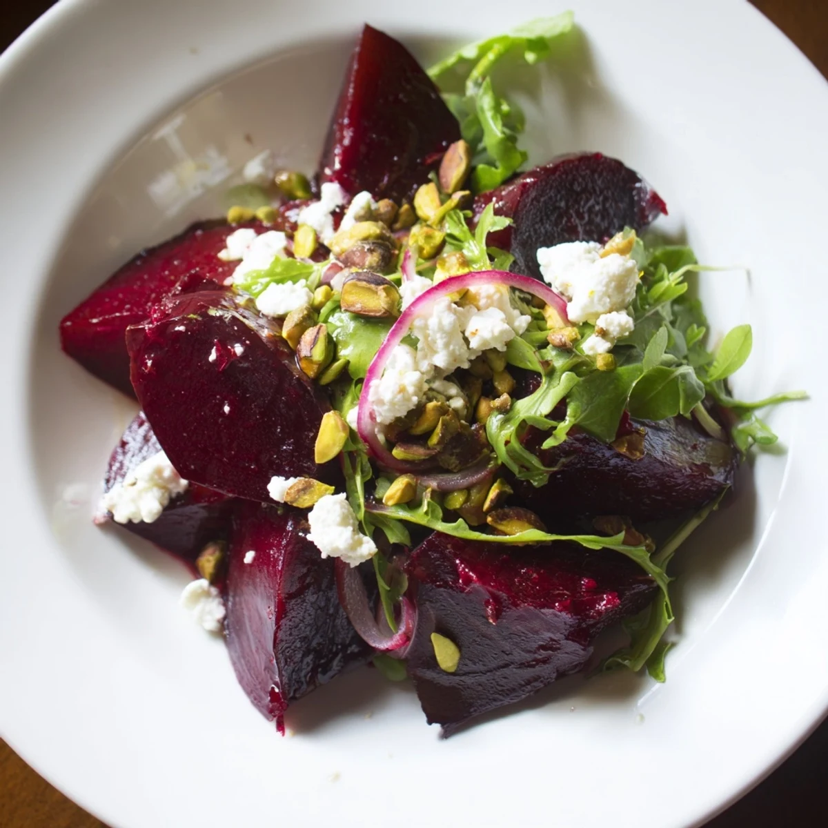 Vibrant roasted beet salad with goat cheese and pistachios served over arugula, with red onion and a glossy balsamic glaze.