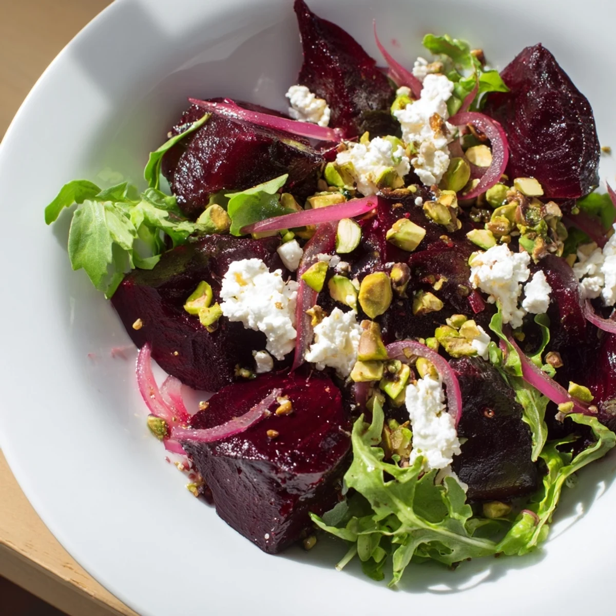 Roasted beet salad with goat cheese and pistachios plated on a rustic board, ready to serve with crusty bread.
