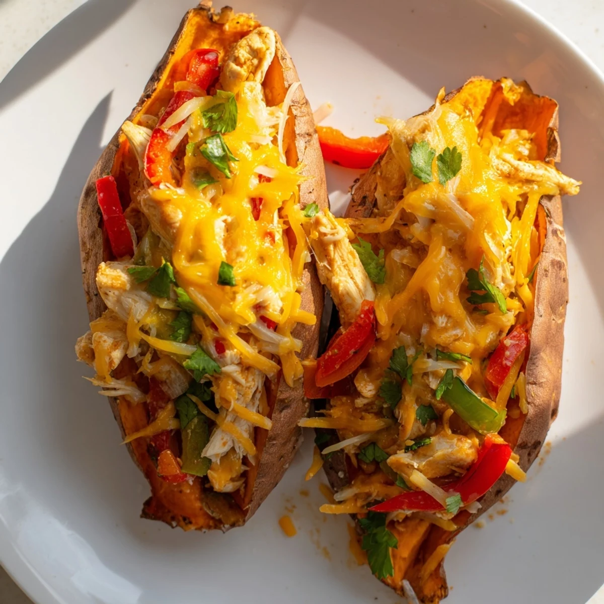 Roasted sweet potatoes, loaded with spicy chicken fajita filling, melty cheese, and fresh cilantro.