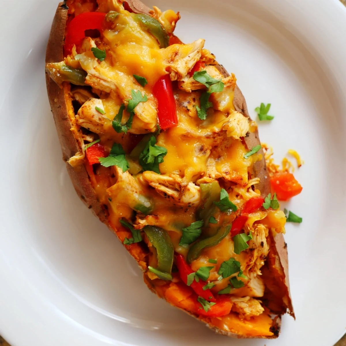 Tex-Mex Chicken Fajita Stuffed Sweet Potatoes topped with melted cheddar and sautéed peppers and onions.