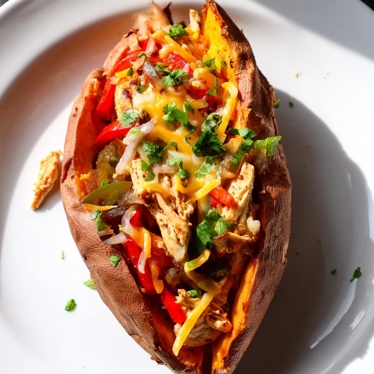 Gluten-free Chicken Fajita Stuffed Sweet Potatoes, garnished with avocado slices and sour cream on the side.