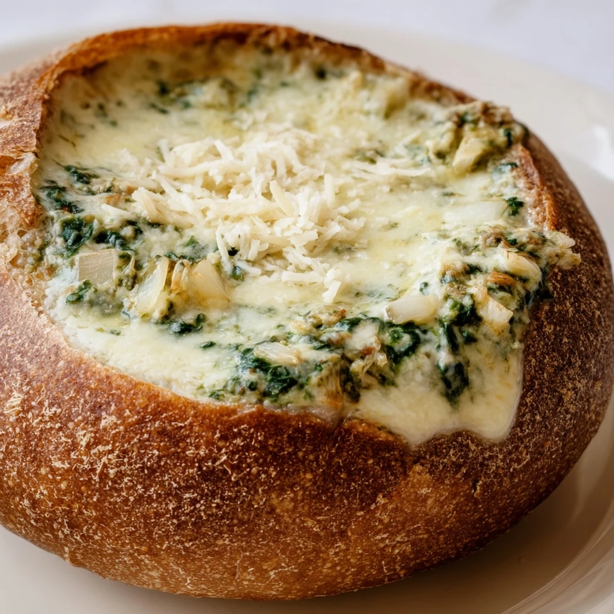 Freshly baked sourdough bread pieces surround the warm Creamy Spinach Dip, perfect for dipping.