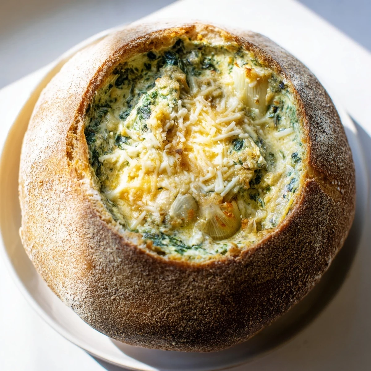 A close-up of the rich Creamy Spinach Dip with melted cheese in a cozy appetizer spread.