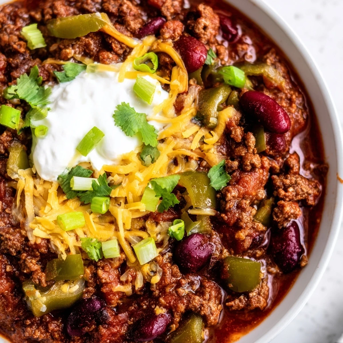 Steam rises from this hearty Slow Cooker Chili with Ground Beef and Beans, served in a rustic stoneware bowl.