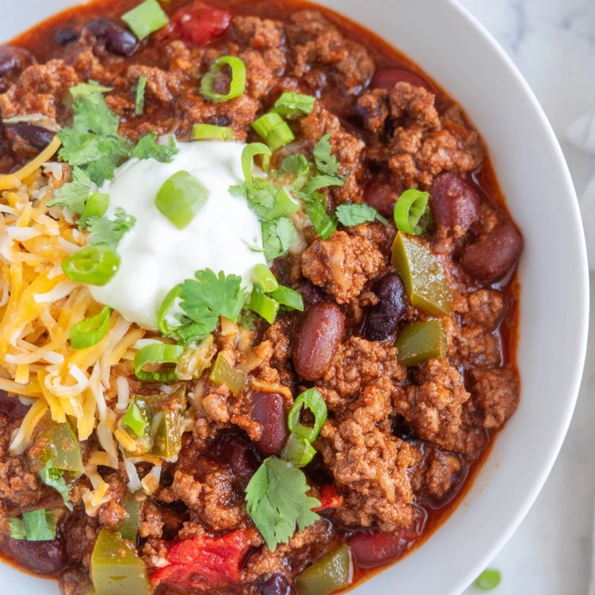 A warm bowl of Slow Cooker Chili with Ground Beef and Beans is topped with shredded cheddar cheese and fresh cilantro.