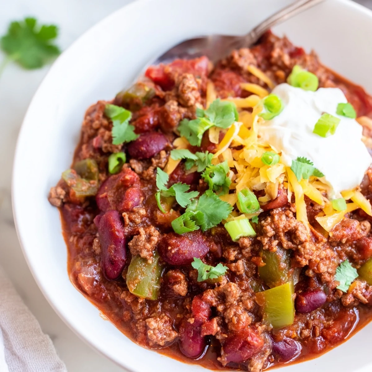 Garnished with sour cream and green onions, Slow Cooker Chili with Ground Beef and Beans simmers in a slow cooker.