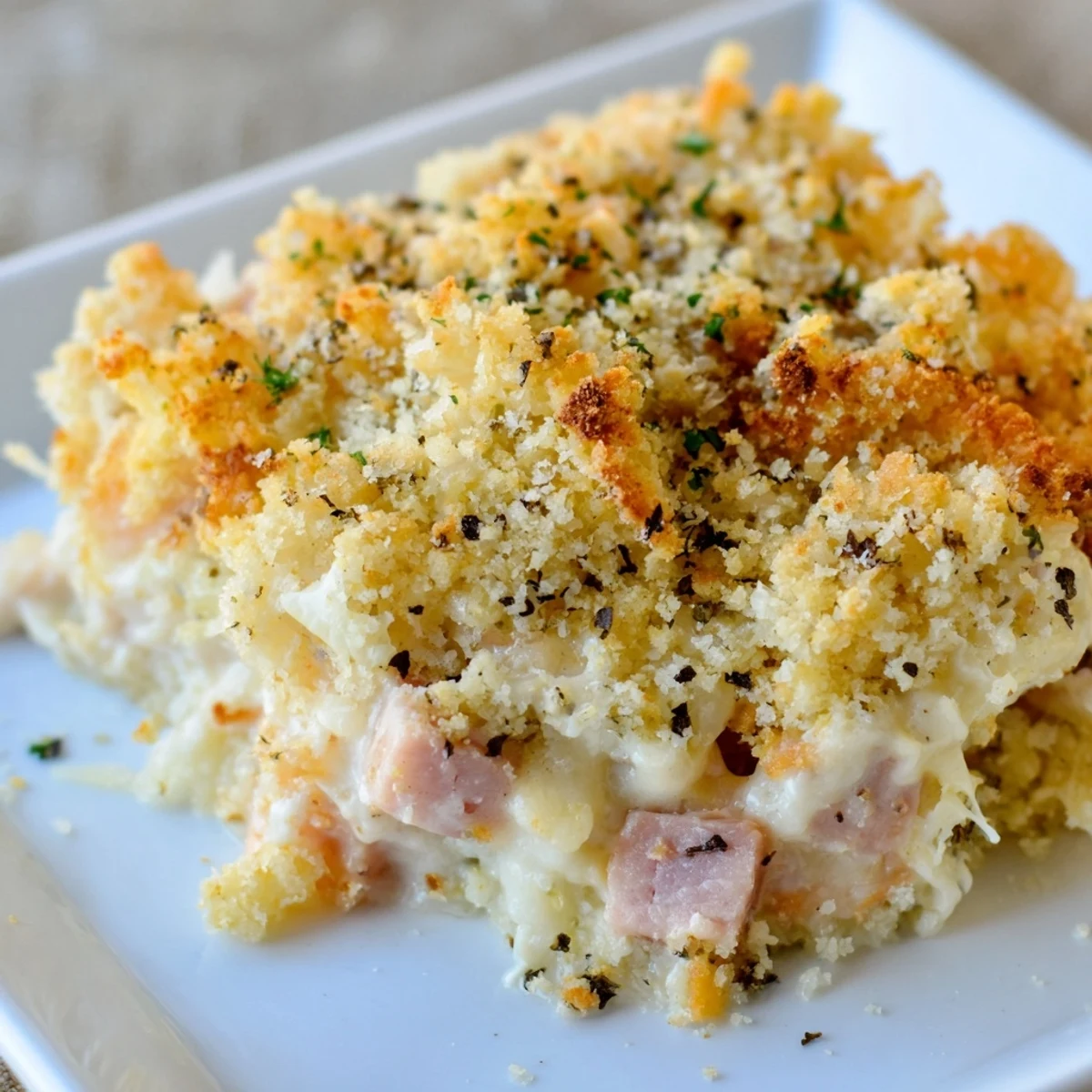Golden, bubbling Chicken Cordon Bleu Casserole with Breadcrumb Topping comes out of the oven ready to serve.