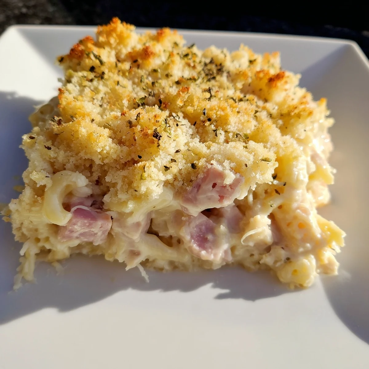 Steam rises from the creamy casserole of tender chicken, ham, and Swiss cheese topped with buttery crumbs.
