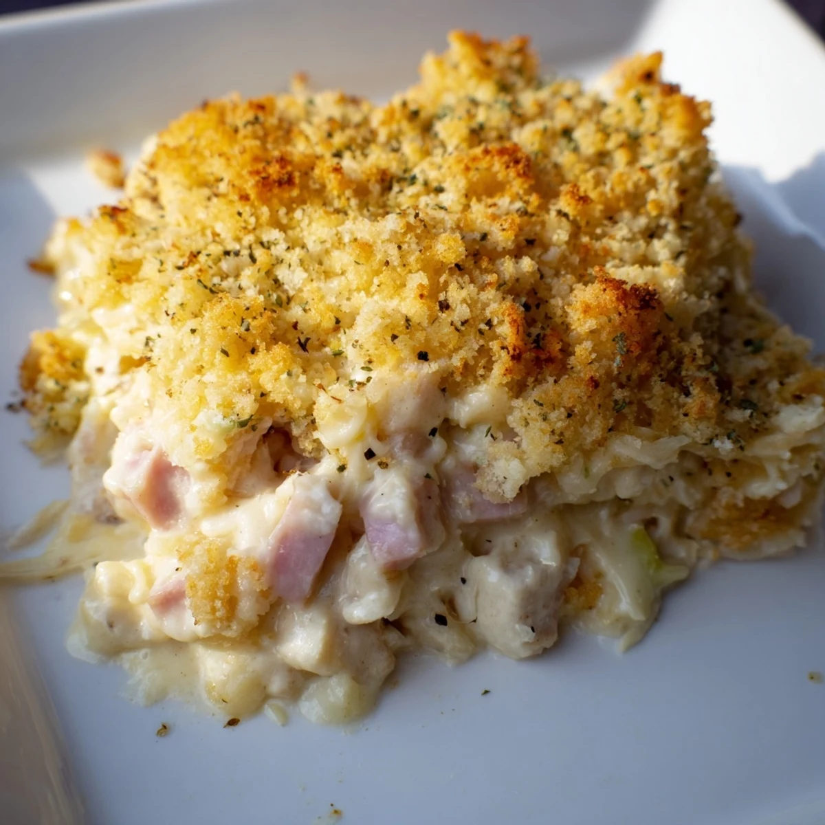A spoon scoops into the family-style Chicken Cordon Bleu Casserole with Breadcrumb Topping, paired with a fresh salad.