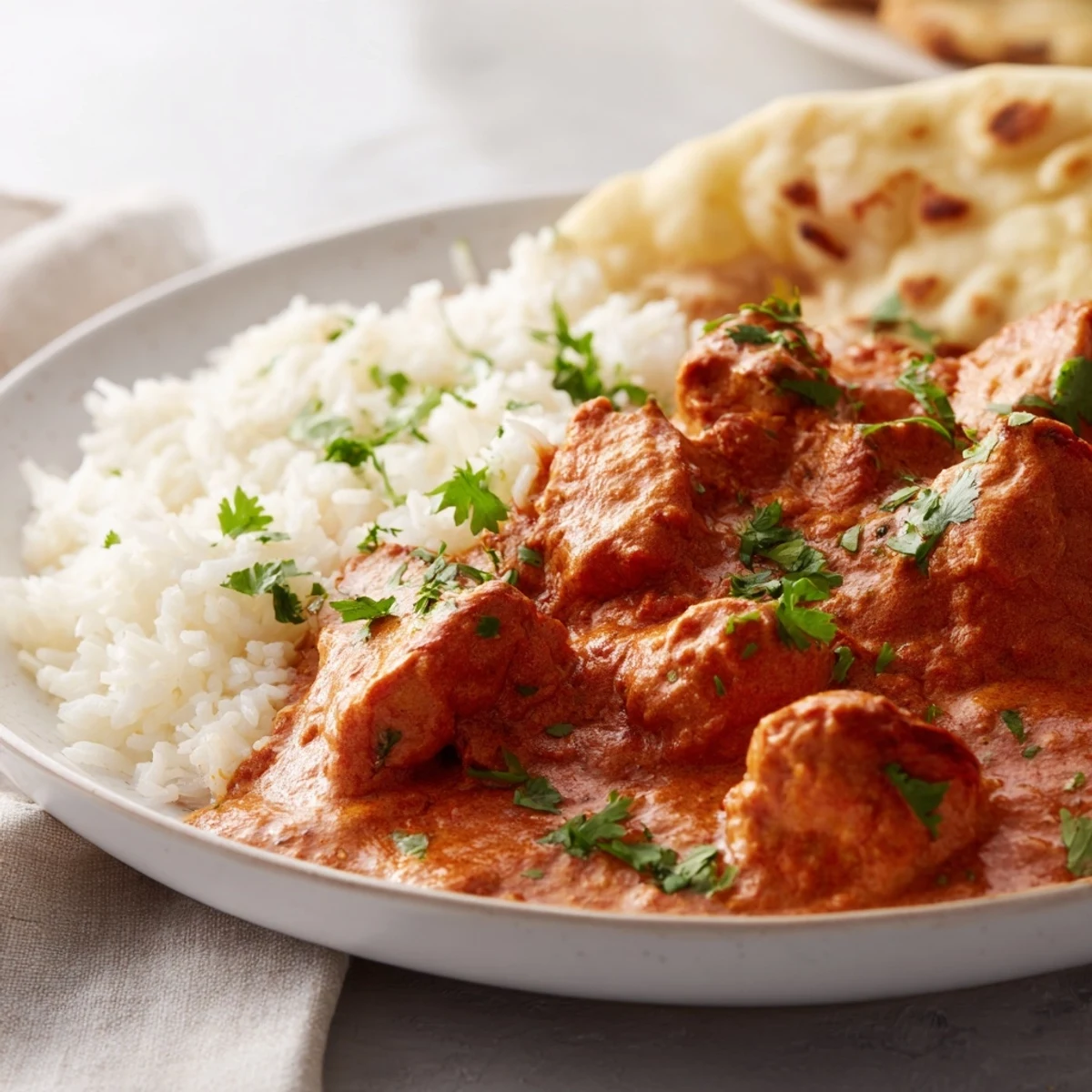 Golden-brown chicken tikka masala simmering in a creamy tomato sauce, served alongside fluffy basmati rice and warm naan bread for dipping.