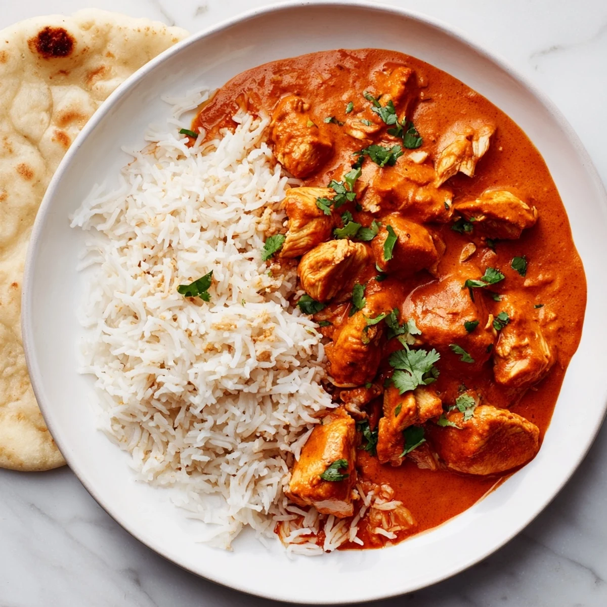 Steaming bowl of chicken tikka masala with basmati rice and naan, topped with fresh cilantro and ready to enjoy for dinner.