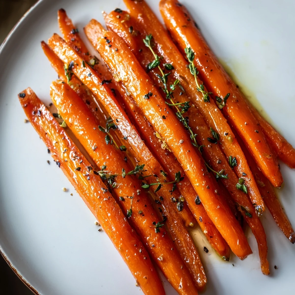 Golden roasted carrots with honey and fresh thyme on a white plate, glistening with caramelized edges and herb garnish.