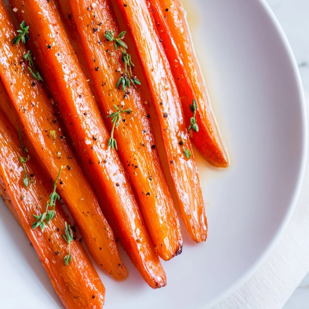 Tender roasted carrots with honey and fresh thyme, served warm alongside roast chicken for a simple side dish.