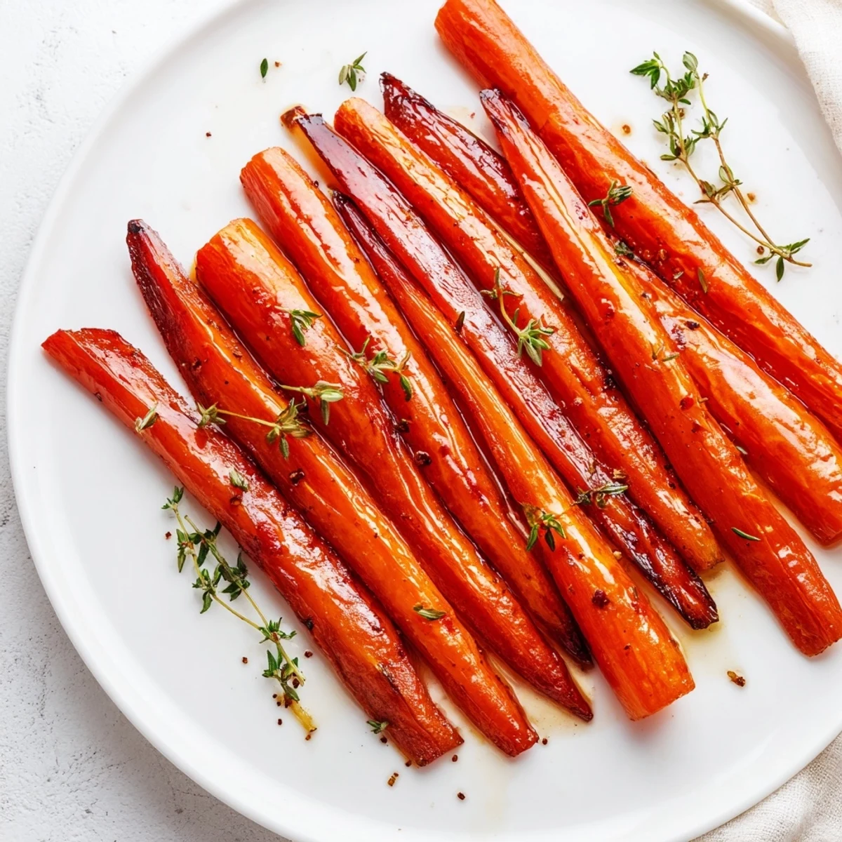 Caramelized roasted carrots with honey and fresh thyme garnished with fresh herbs, ready to serve on a platter.