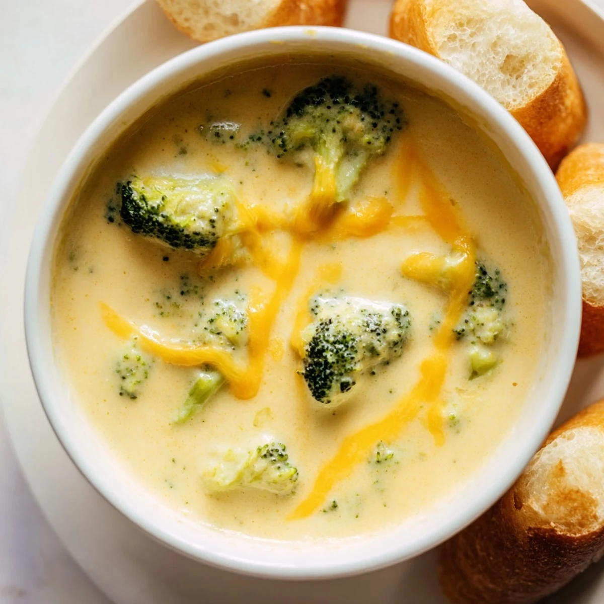 Creamy Broccoli Cheddar Soup with Crusty Bread ladled into a rustic ceramic bowl, steam rising from the velvety green soup.