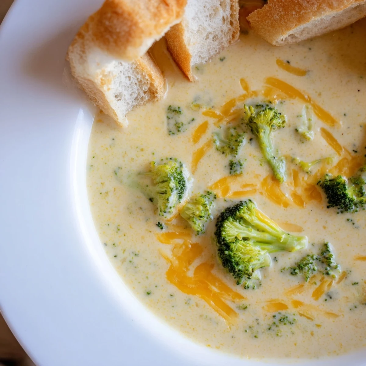 A bowl of Creamy Broccoli Cheddar Soup with Crusty Bread served beside a sliced baguette and a glass of white wine.