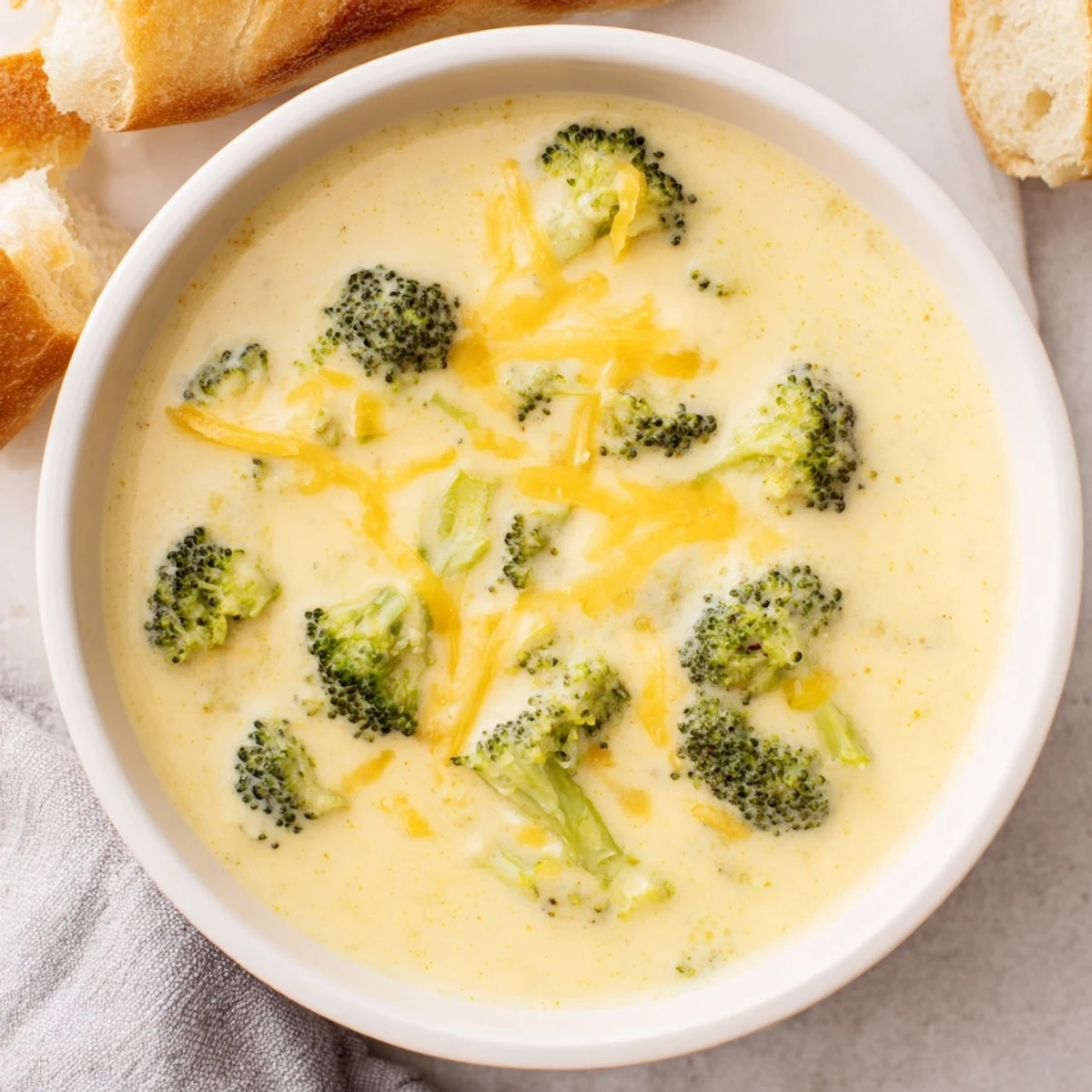 Close-up of Creamy Broccoli Cheddar Soup with Crusty Bread, showing melted cheddar, tender broccoli florets, and buttery breadcrumbs.