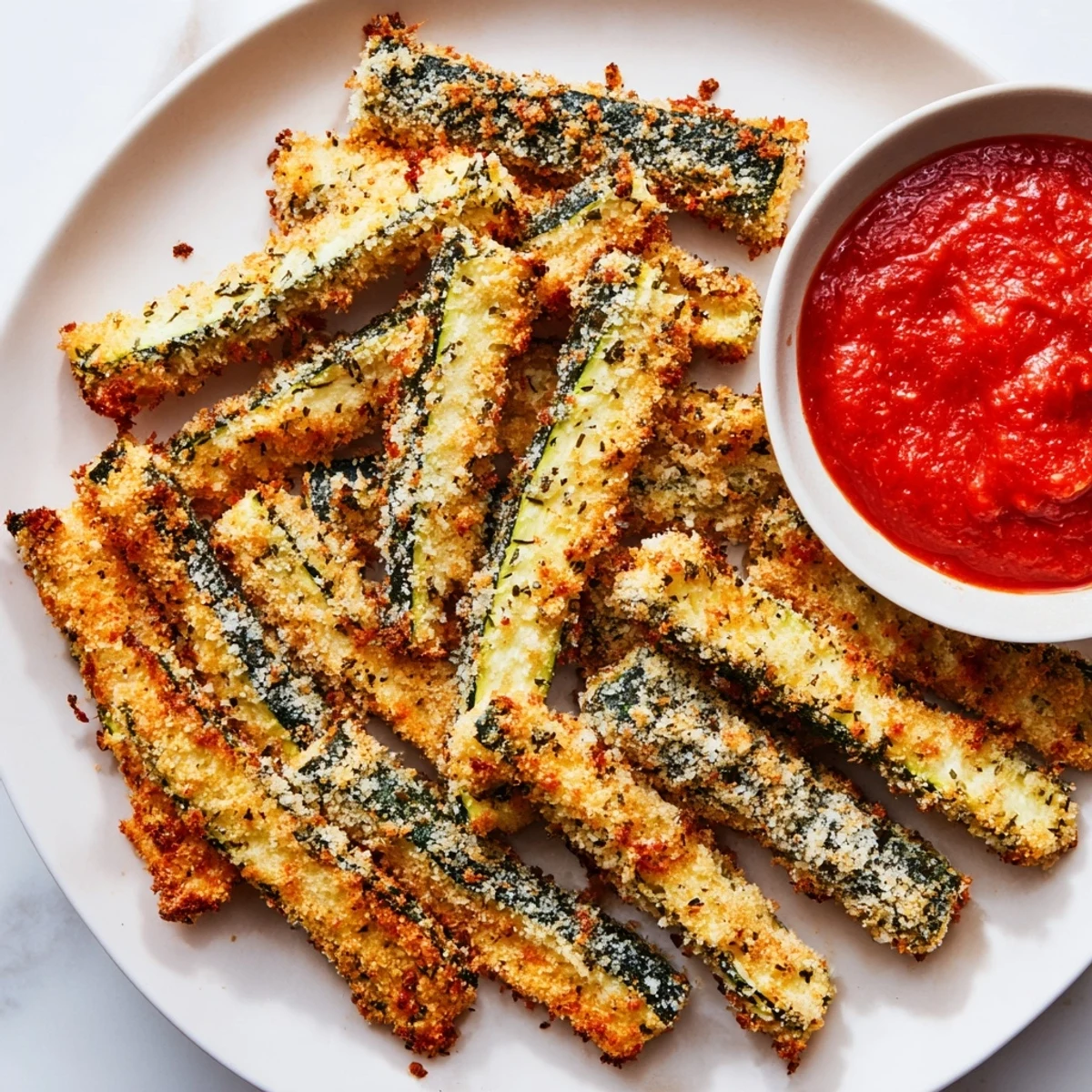 Golden, crispy Baked Zucchini Fries with Marinara Dipping Sauce arranged on a rustic plate, ready to be enjoyed as a healthy snack.