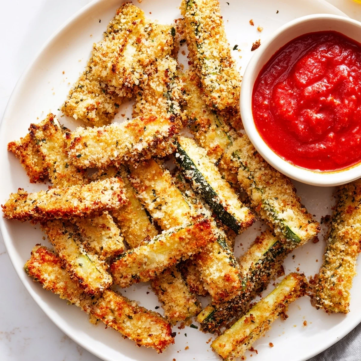 Crunchy panko-crusted zucchini fries next to a small bowl of warm, homemade marinara sauce for dipping.