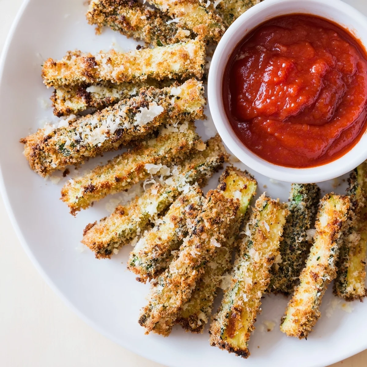Freshly baked vegetable fries served hot from the oven, stacked high on a wooden serving board.