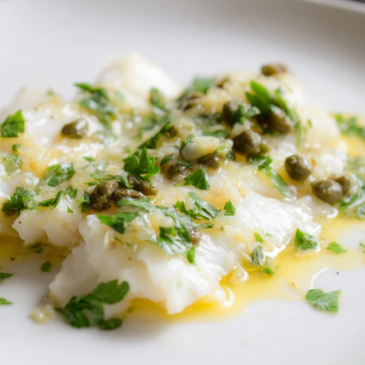 Golden-brown baked haddock fillets in lemon caper butter sauce served with roasted potatoes.