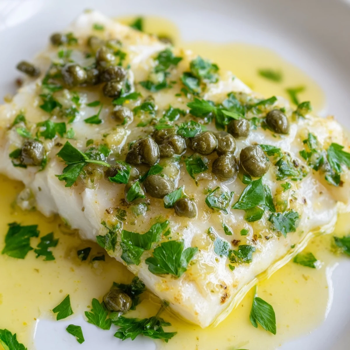 Tender haddock baked with zesty lemon, capers, and fresh parsley garnish on a plate.