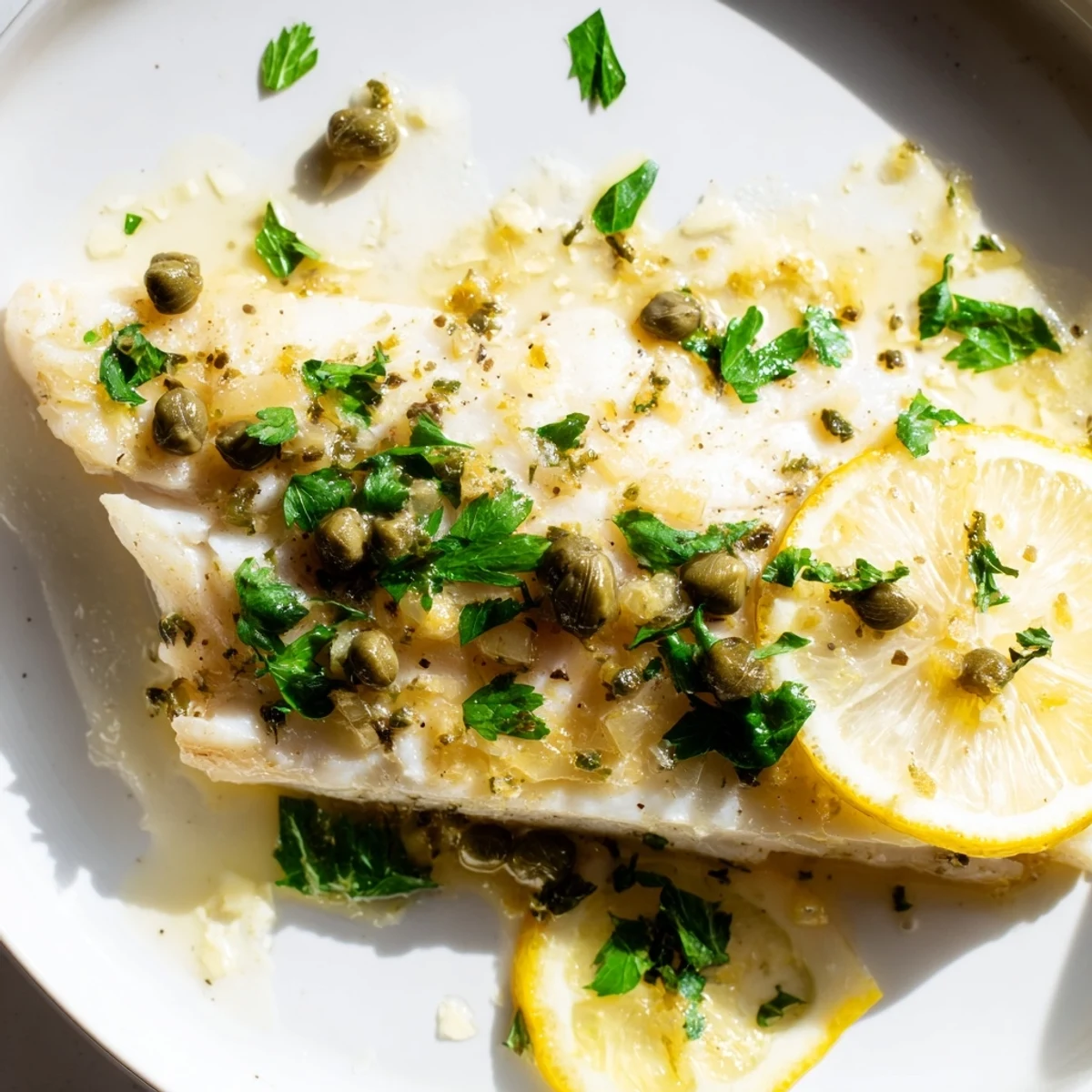 Freshly baked haddock with lemon-caper butter sauce paired with steamed vegetables for dinner.