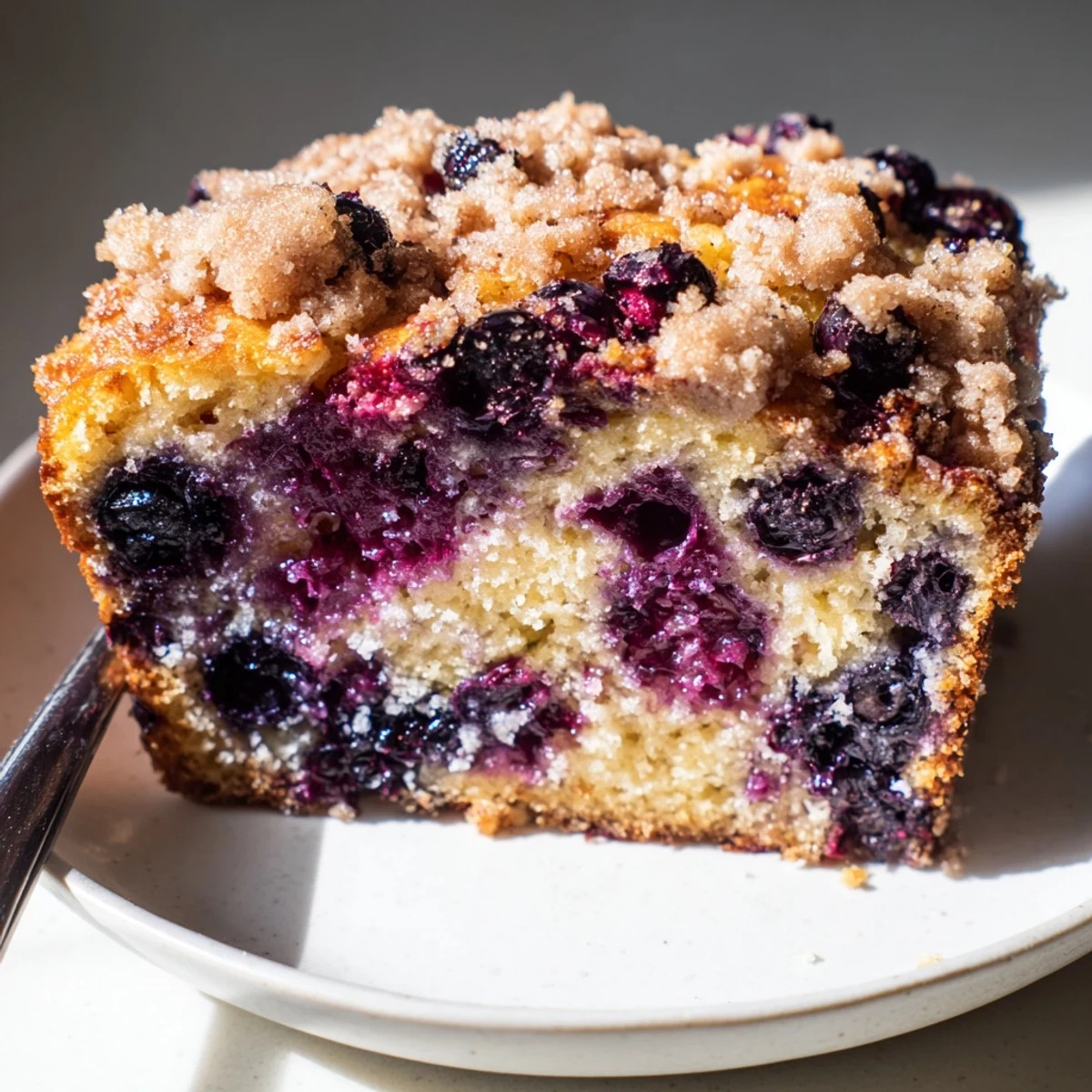 A moist slice of Lemon Blueberry Bread with Cinnamon Streusel Topping reveals purple berries and a tender, buttery crumb. 