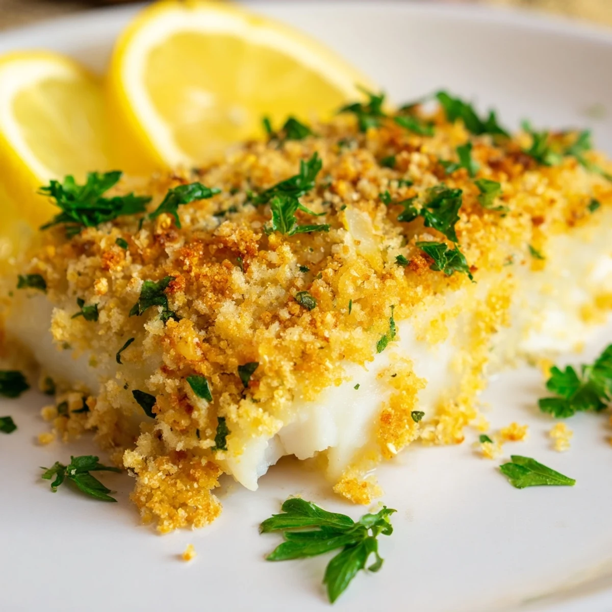 Baked Cod with Buttery Cracker Crumb Topping rests beside steamed broccoli and rice, finished with fresh parsley for a quick, family-friendly weeknight meal.
