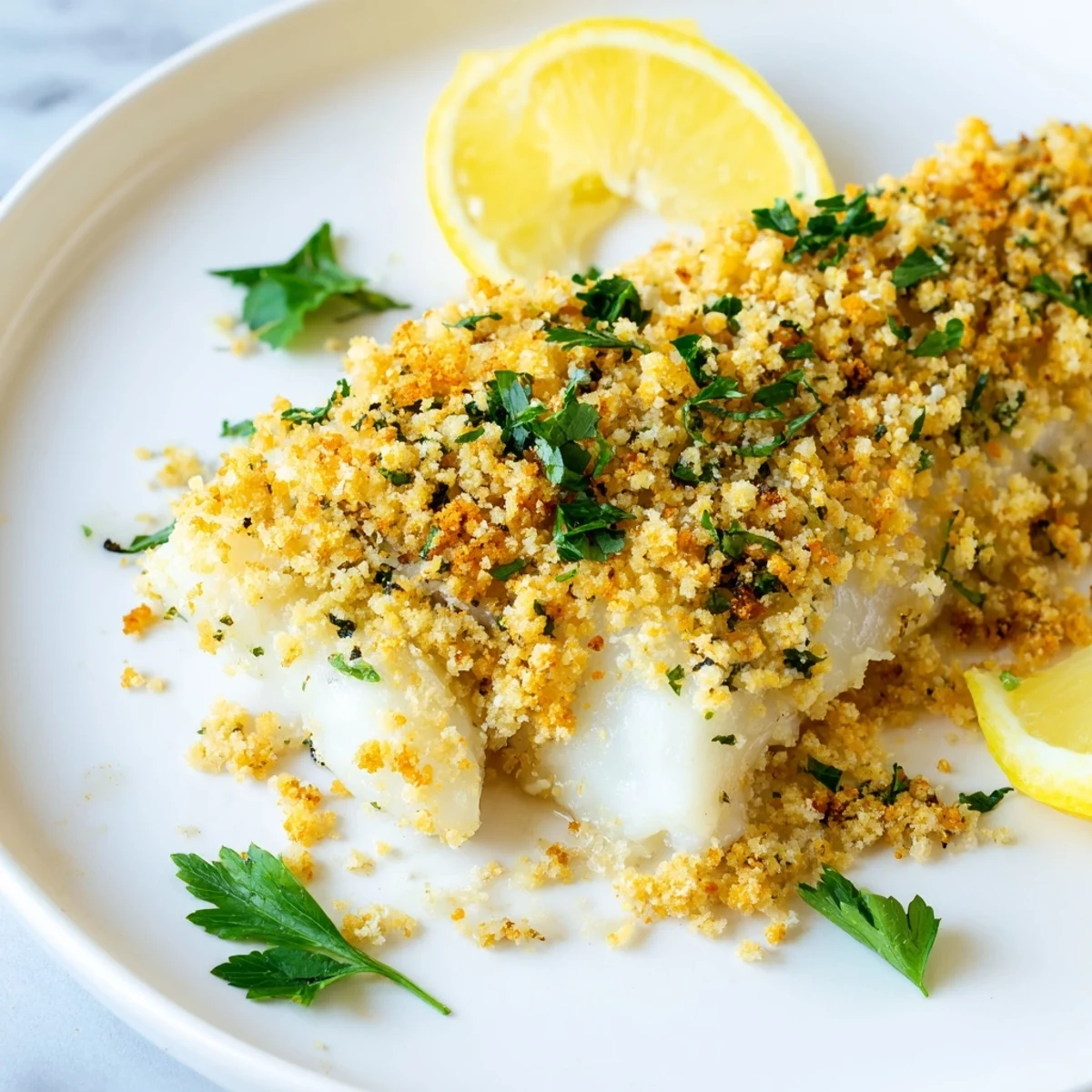 Golden, crispy buttery cracker crumbs top tender flaky baked cod fillets, garnished with lemon wedges and parsley for a cozy seafood dinner.