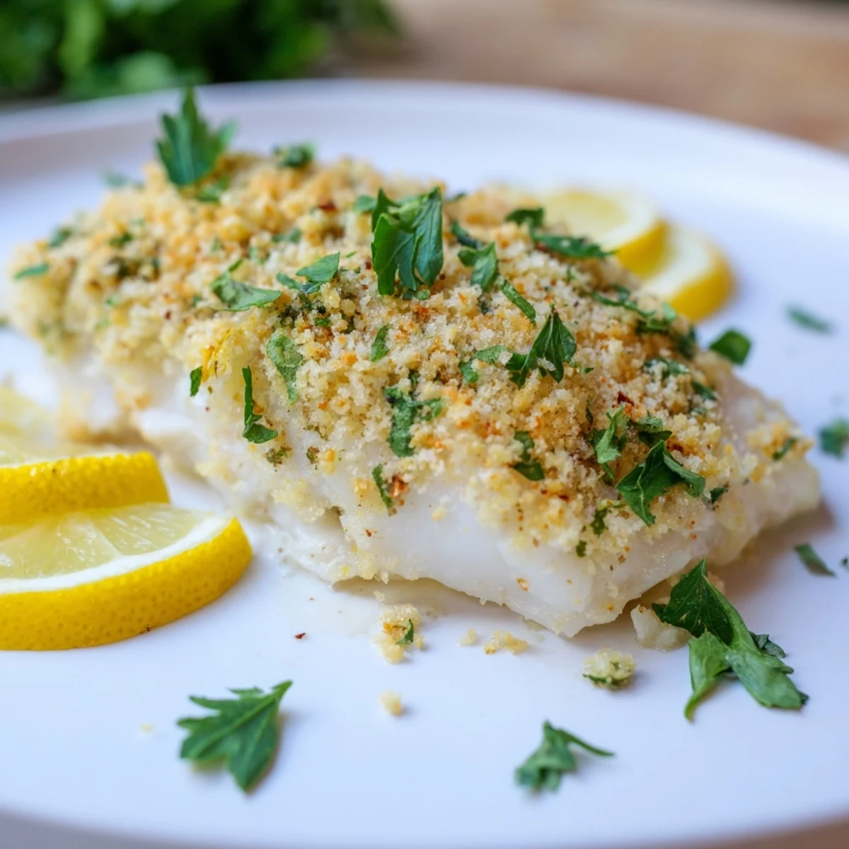 The golden crumb topping and flaky interior of Baked Cod with Buttery Cracker Crumb Topping bake in a dish ready to serve with lemon wedges.