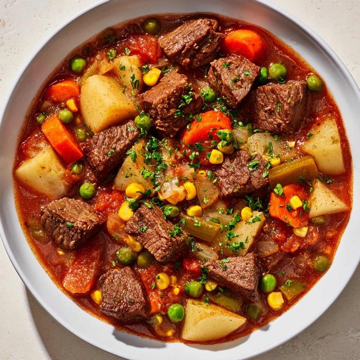 Hearty Beef Vegetable Soup with Potatoes, Peas, and Corn simmering in a Dutch oven with herbs.