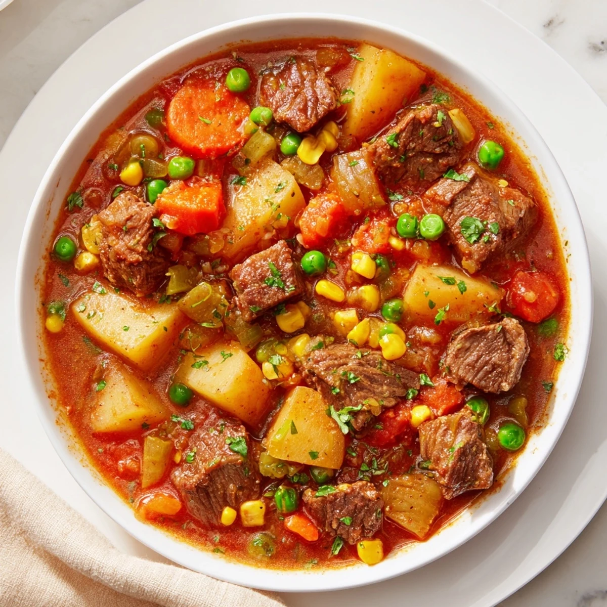 Rustic pot of Beef Vegetable Soup with Potatoes, Peas, and Corn served beside crusty artisan bread.