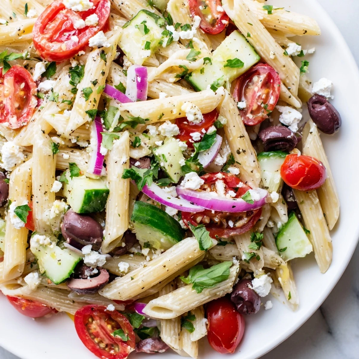 Close-up of Mediterranean Pasta Salad with Kalamata Olives, showcasing al dente fusilli, colorful bell peppers, and red onion, drenched in an oregano garlic dressing.
