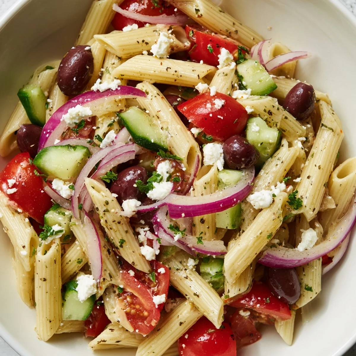 A chilled Mediterranean Pasta Salad with Kalamata Olives in a white bowl, garnished with crumbled feta and fresh parsley, ready for a picnic.