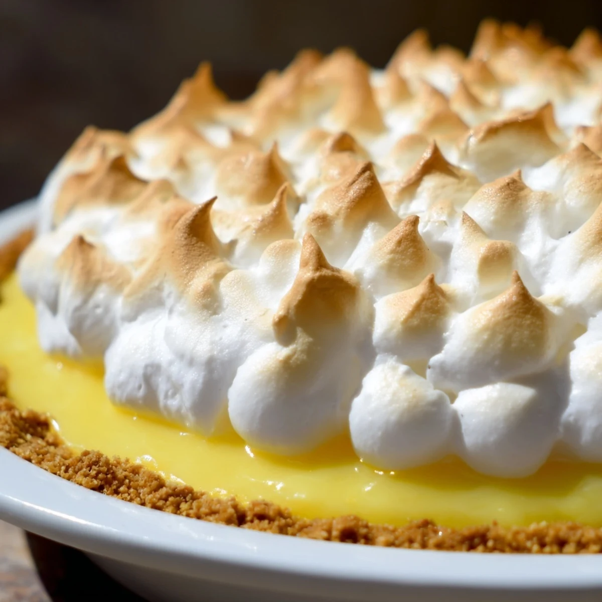 Freshly baked Lemon Meringue Pie with a graham cracker crust features a tall, golden-brown meringue topping and a vibrant yellow lemon filling.
