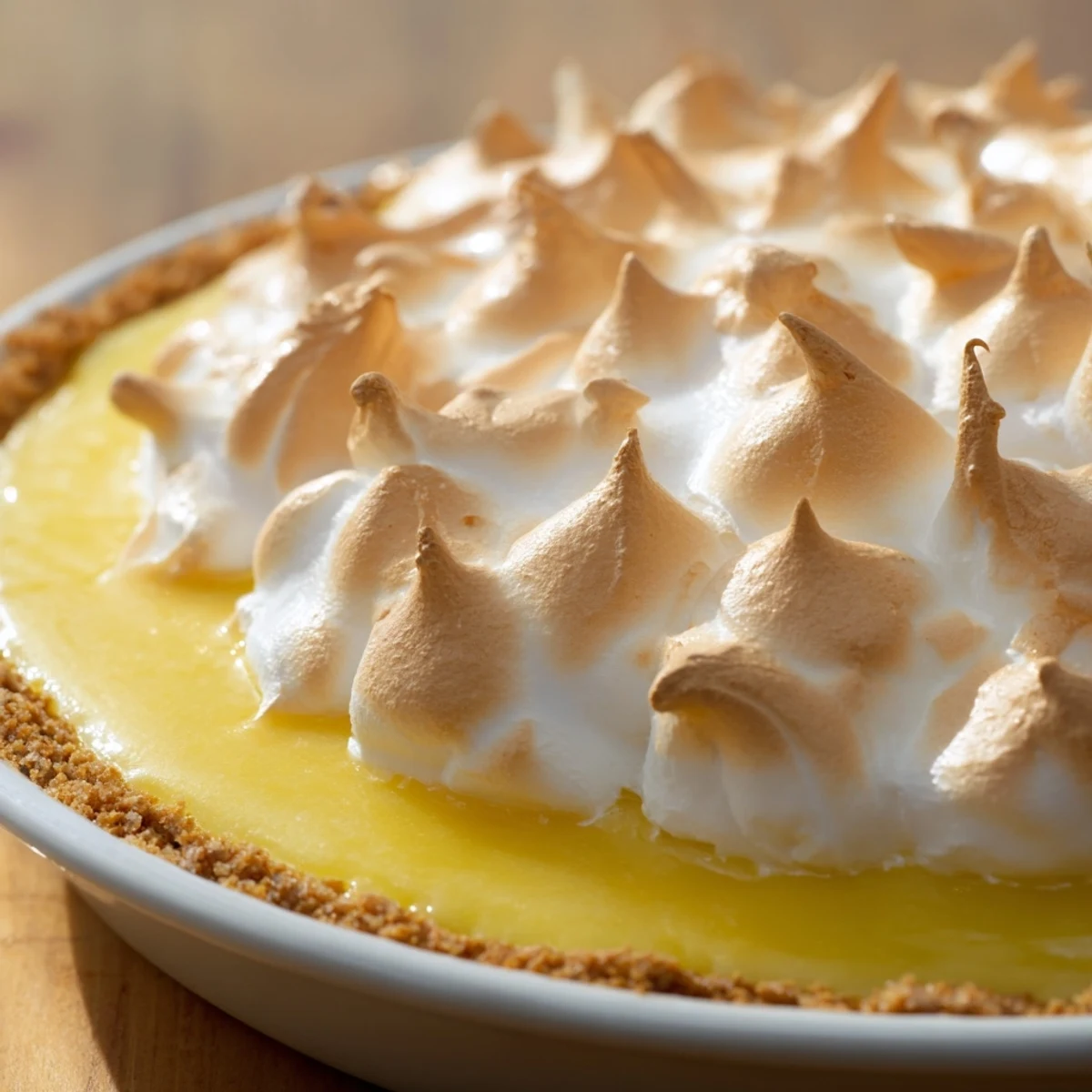 A slice of tangy Lemon Meringue Pie rests on a white plate, revealing the buttery graham cracker base and fluffy toasted meringue peaks.